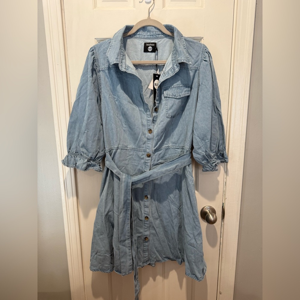 Denim pocket tie belt skater dress
